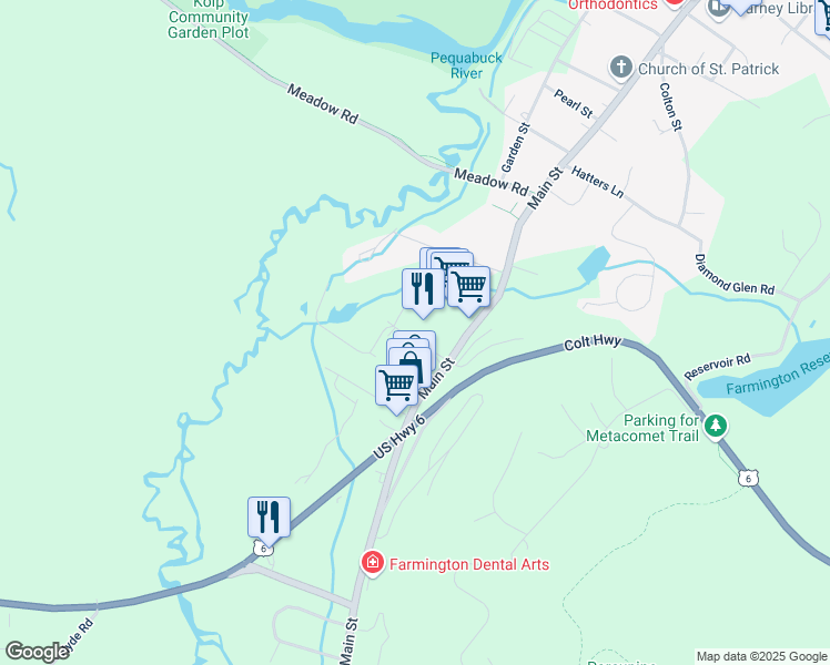 map of restaurants, bars, coffee shops, grocery stores, and more near 130 Wellington Drive in Farmington