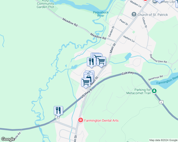 map of restaurants, bars, coffee shops, grocery stores, and more near 130 Wellington Drive in Farmington