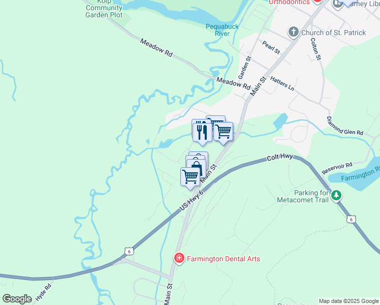 map of restaurants, bars, coffee shops, grocery stores, and more near 130 Wellington Drive in Farmington