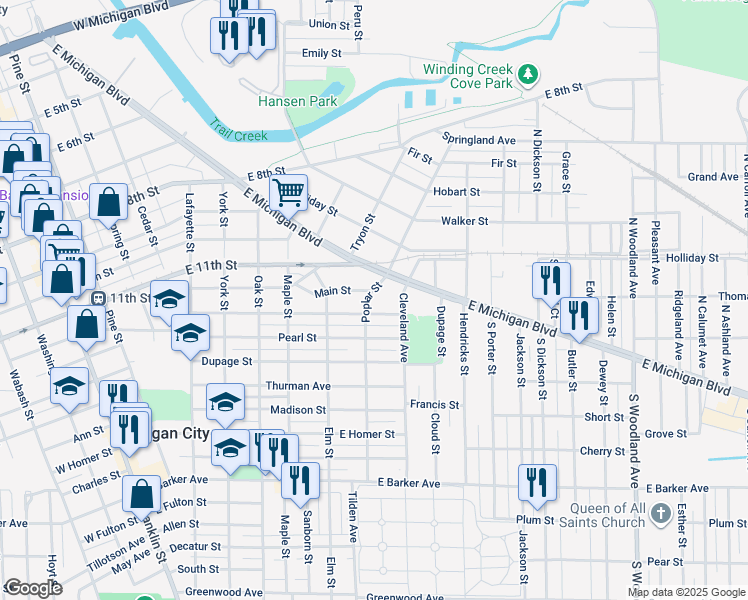 map of restaurants, bars, coffee shops, grocery stores, and more near 200-298 Poplar St in Michigan City