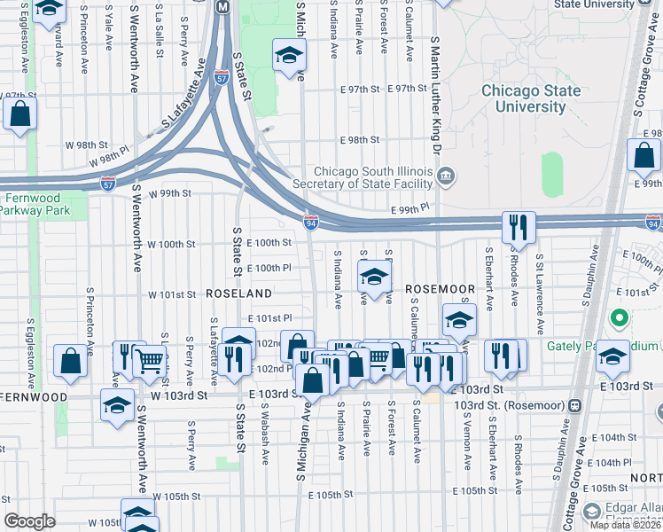 map of restaurants, bars, coffee shops, grocery stores, and more near 10021 South Michigan Avenue in Chicago