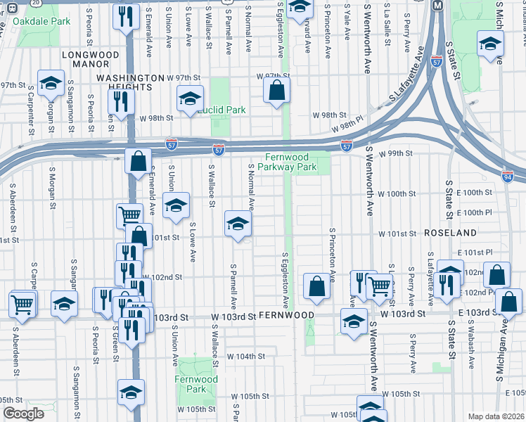 map of restaurants, bars, coffee shops, grocery stores, and more near 428 West 100th Place in Chicago