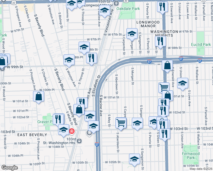 map of restaurants, bars, coffee shops, grocery stores, and more near 10005 South Racine Avenue in Chicago