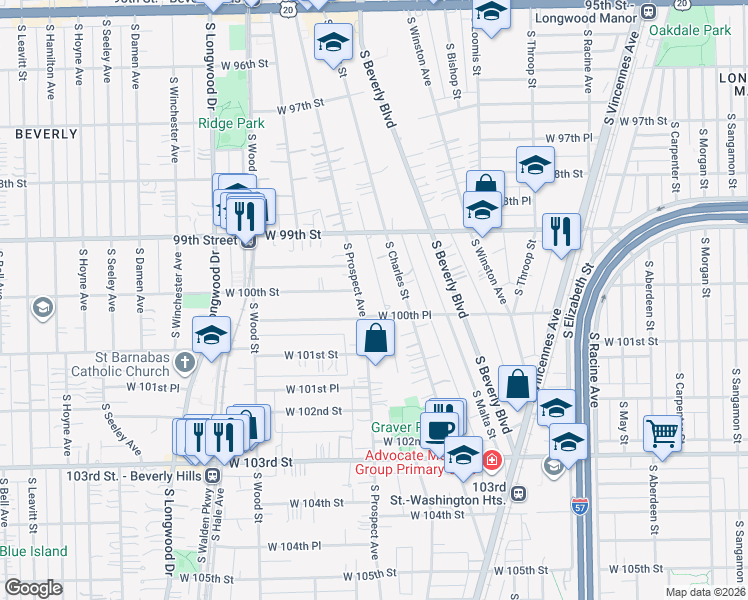 map of restaurants, bars, coffee shops, grocery stores, and more near 9964 South Charles Street in Chicago