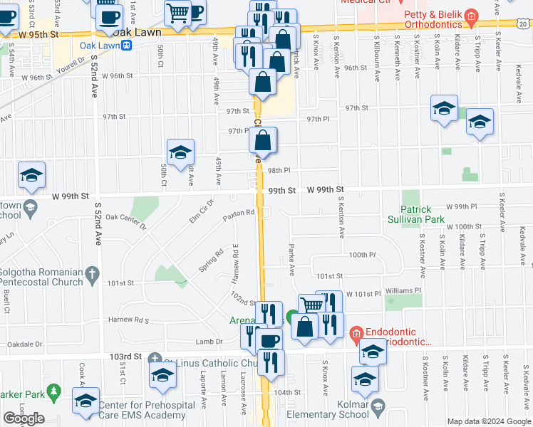 map of restaurants, bars, coffee shops, grocery stores, and more near 4720 West 99th Place in Oak Lawn