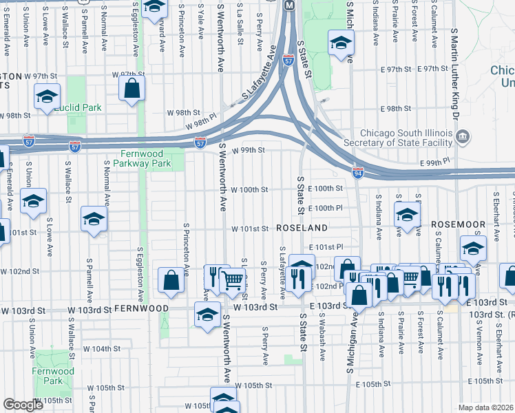 map of restaurants, bars, coffee shops, grocery stores, and more near 10021 South La Salle Street in Chicago