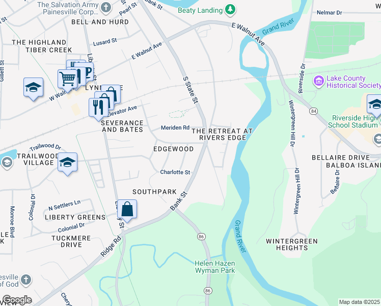 map of restaurants, bars, coffee shops, grocery stores, and more near 824 Ohio 84 in Painesville