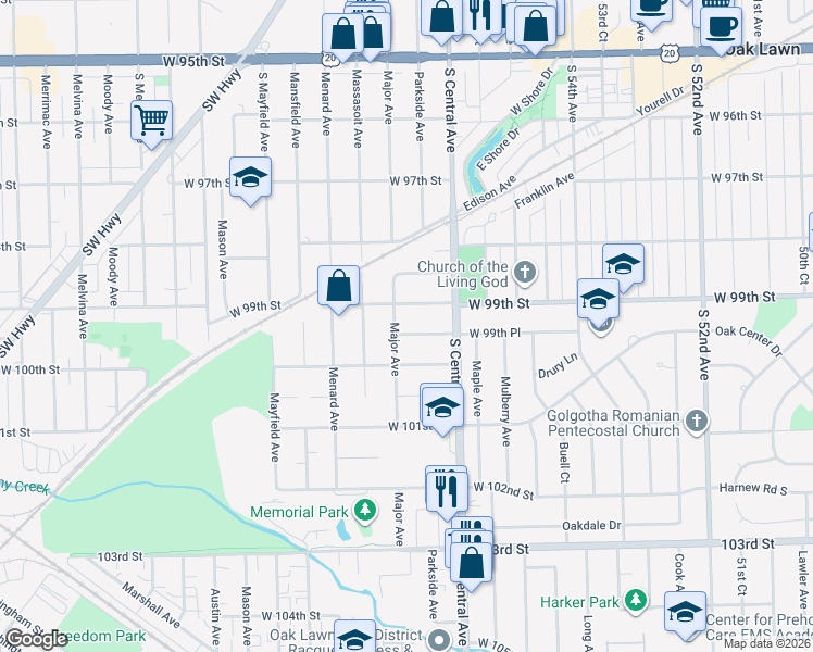 map of restaurants, bars, coffee shops, grocery stores, and more near 5632 West 99th Place in Oak Lawn
