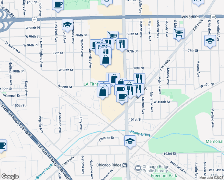 map of restaurants, bars, coffee shops, grocery stores, and more near 6475 West 99th Street in Chicago Ridge