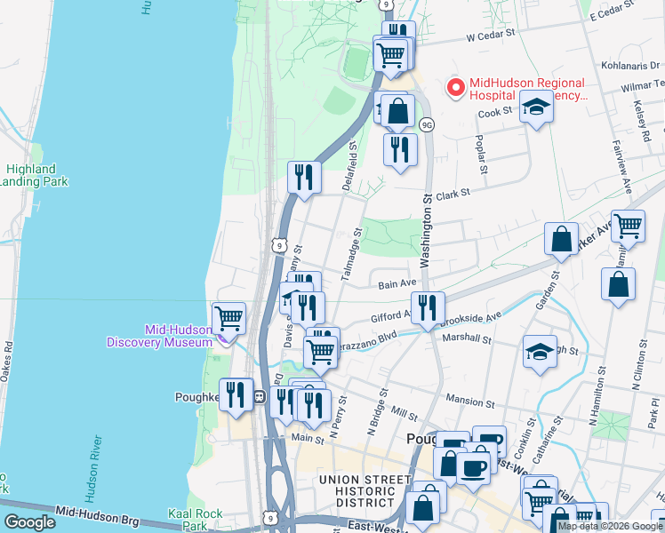 map of restaurants, bars, coffee shops, grocery stores, and more near 59 Talmadge Street in Poughkeepsie
