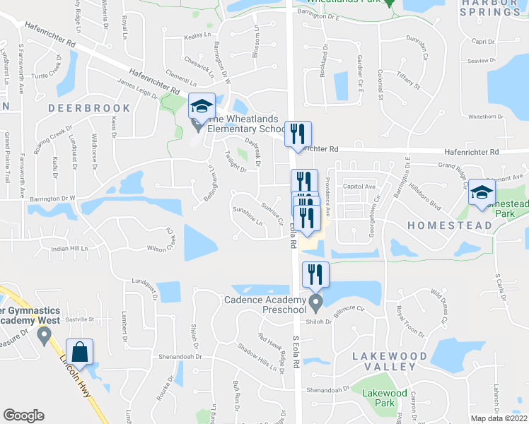 map of restaurants, bars, coffee shops, grocery stores, and more near 2120 Sunrise Circle in Aurora