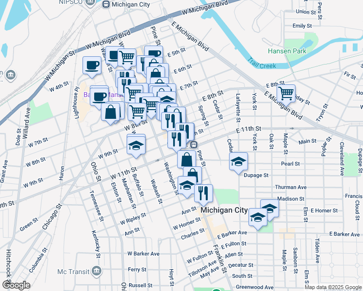 map of restaurants, bars, coffee shops, grocery stores, and more near 1010 Franklin Street in Michigan City