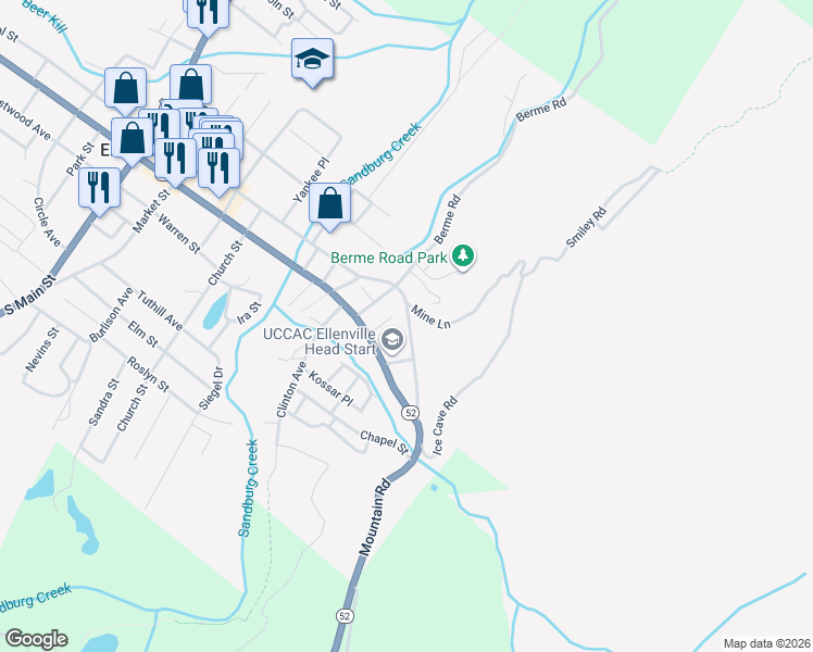 map of restaurants, bars, coffee shops, grocery stores, and more near 255 Canal Street in Ellenville