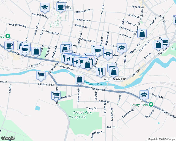 map of restaurants, bars, coffee shops, grocery stores, and more near 744 Main Street in Windham
