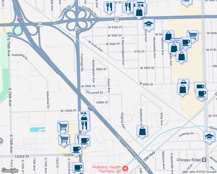 map of restaurants, bars, coffee shops, grocery stores, and more near 9910 Sayre Avenue in Chicago Ridge
