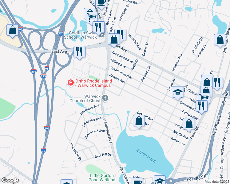 map of restaurants, bars, coffee shops, grocery stores, and more near 345 Thames Avenue in Warwick