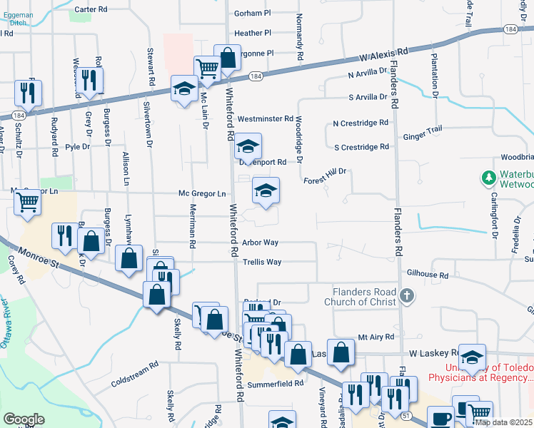 map of restaurants, bars, coffee shops, grocery stores, and more near 5334 Whiteford Road in Sylvania