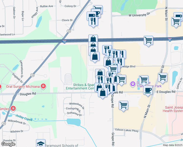 map of restaurants, bars, coffee shops, grocery stores, and more near 5621 University Park Drive in Mishawaka
