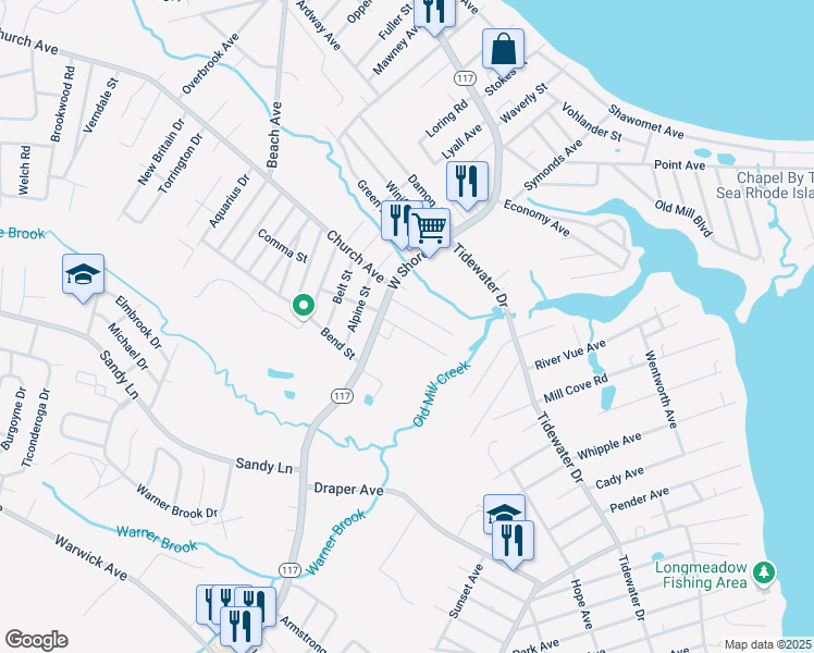 map of restaurants, bars, coffee shops, grocery stores, and more near 43 Larochelle Avenue in Warwick
