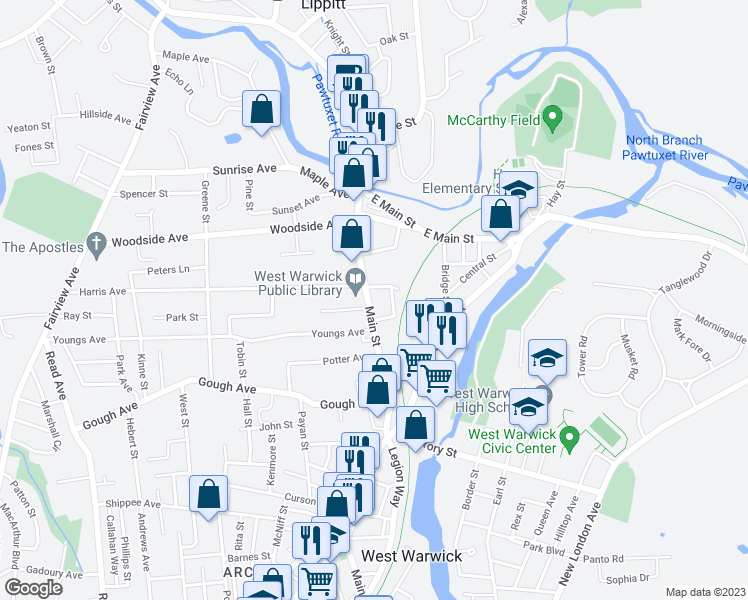 map of restaurants, bars, coffee shops, grocery stores, and more near 1048 Main St in West Warwick