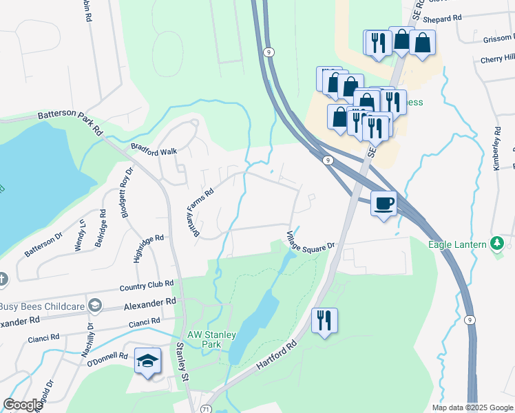 map of restaurants, bars, coffee shops, grocery stores, and more near 55 Brittany Farms Road in New Britain