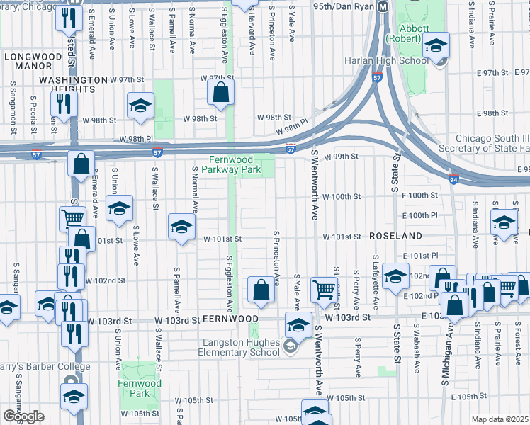 map of restaurants, bars, coffee shops, grocery stores, and more near 314 W 100th Pl in Chicago