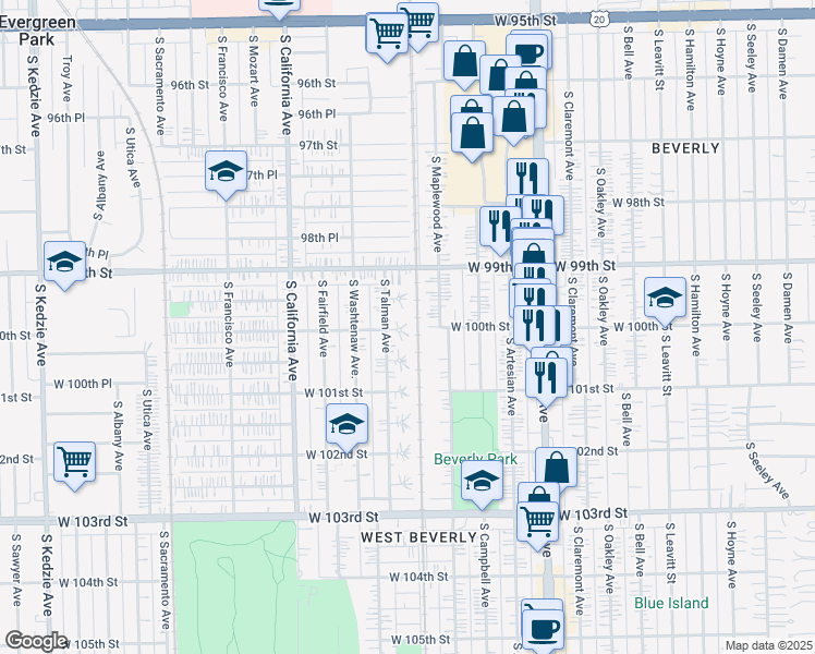 map of restaurants, bars, coffee shops, grocery stores, and more near 2608 West 100th Street in Chicago