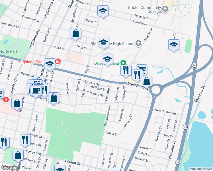 map of restaurants, bars, coffee shops, grocery stores, and more near 452 Cypress Street in Fall River