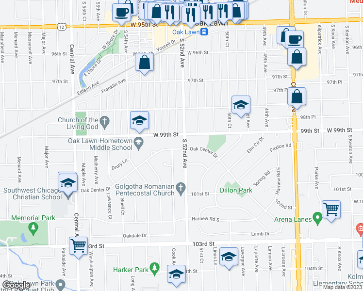 map of restaurants, bars, coffee shops, grocery stores, and more near 5200 Oak Center Drive in Oak Lawn