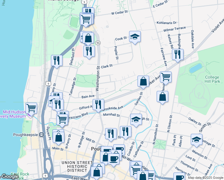 map of restaurants, bars, coffee shops, grocery stores, and more near 25 Orchard Place in Poughkeepsie