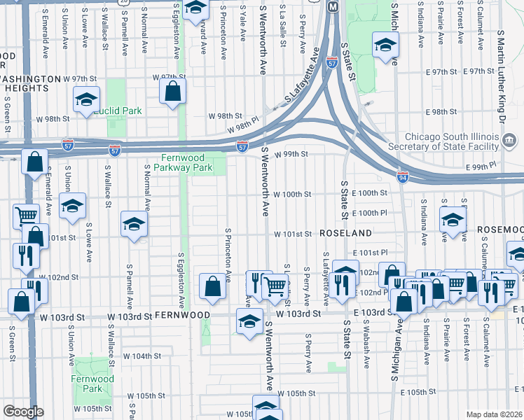 map of restaurants, bars, coffee shops, grocery stores, and more near 10020 South Wentworth Avenue in Chicago