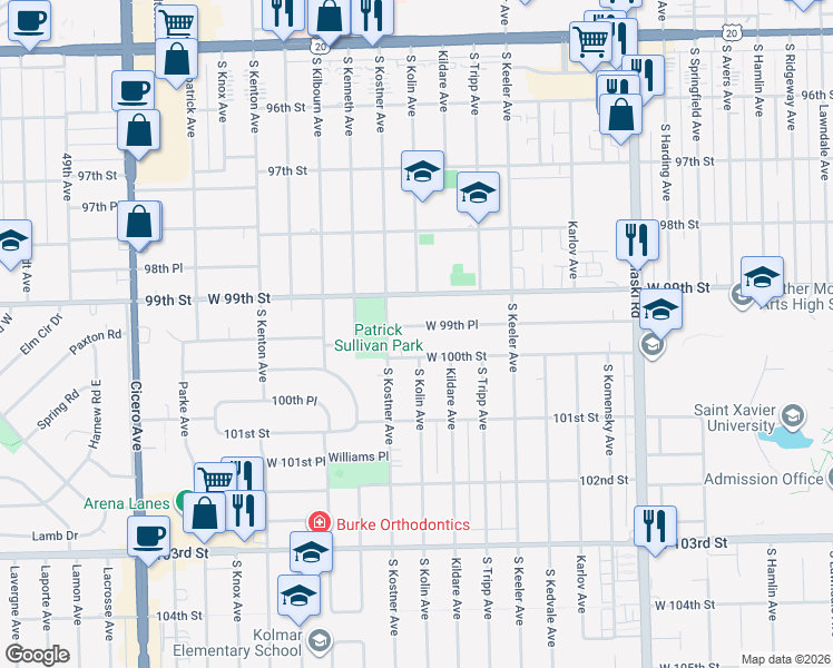 map of restaurants, bars, coffee shops, grocery stores, and more near 4325 West 99th Place in Oak Lawn
