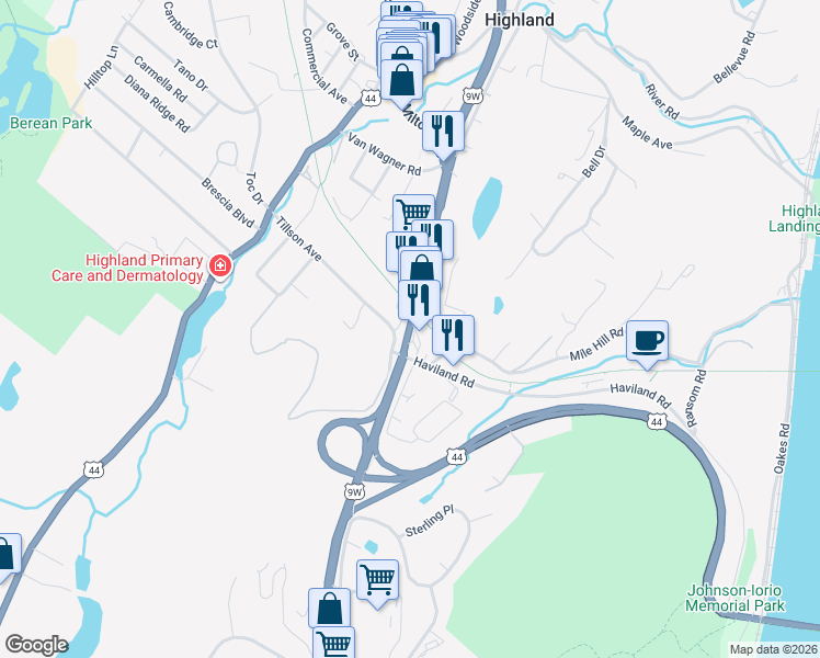 map of restaurants, bars, coffee shops, grocery stores, and more near 3598 Route 9W in Highland