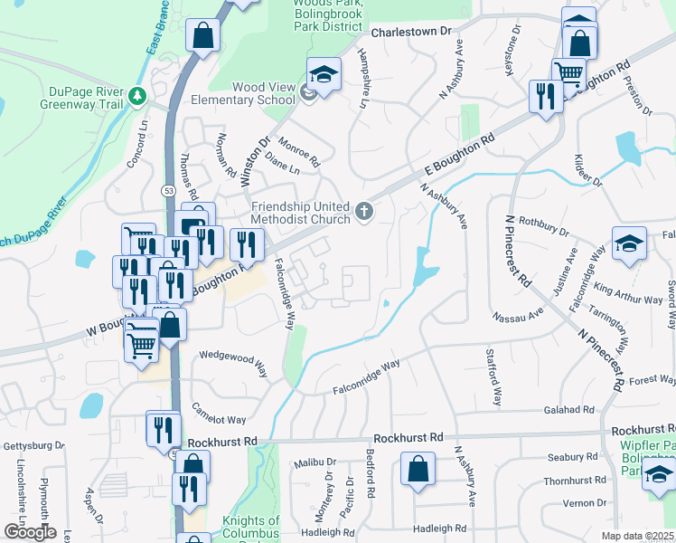 map of restaurants, bars, coffee shops, grocery stores, and more near 476 Degas Circle in Bolingbrook