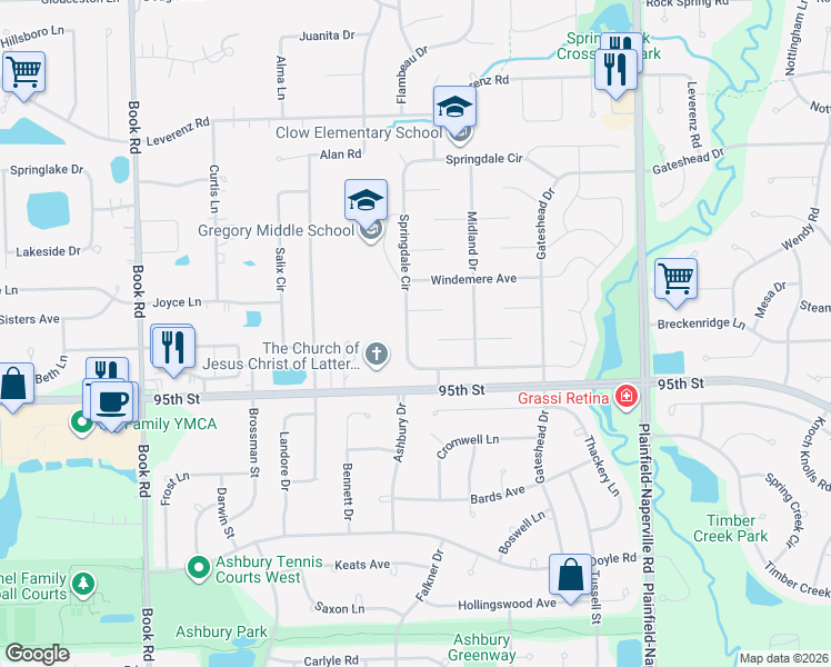 map of restaurants, bars, coffee shops, grocery stores, and more near 2738 Springdale Circle in Naperville