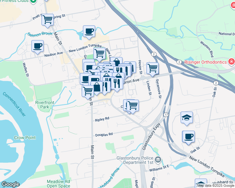 map of restaurants, bars, coffee shops, grocery stores, and more near 141 New London Turnpike in Glastonbury