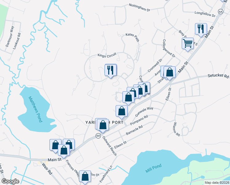 map of restaurants, bars, coffee shops, grocery stores, and more near 404 Admiralty Heights in Yarmouth