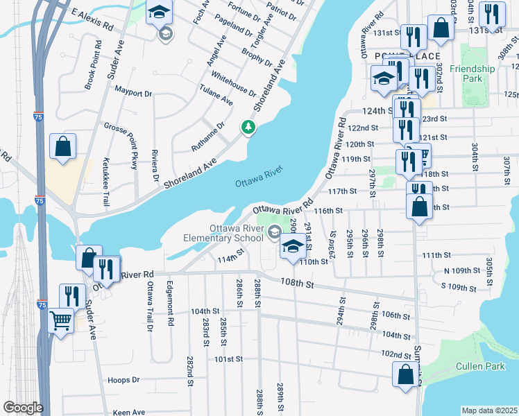 map of restaurants, bars, coffee shops, grocery stores, and more near Ottawa River Road in Toledo