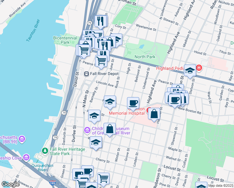 map of restaurants, bars, coffee shops, grocery stores, and more near 784 High Street in Fall River