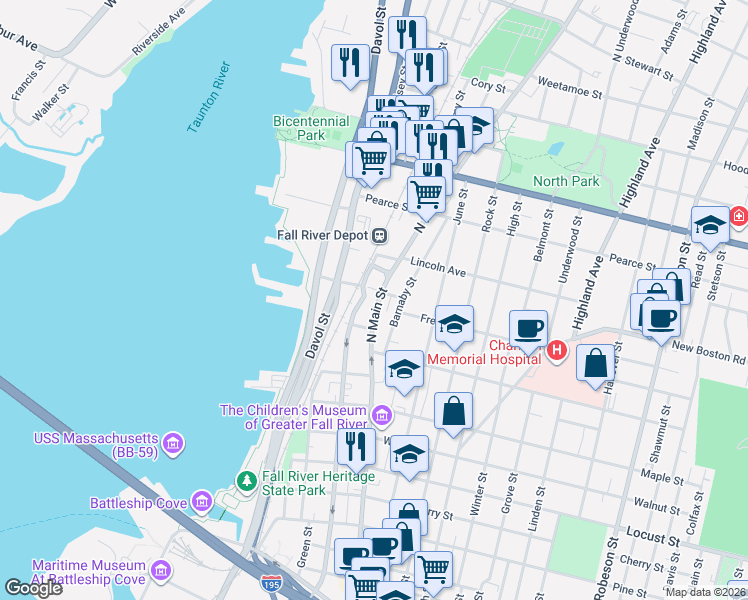 map of restaurants, bars, coffee shops, grocery stores, and more near 735 North Main Street in Fall River