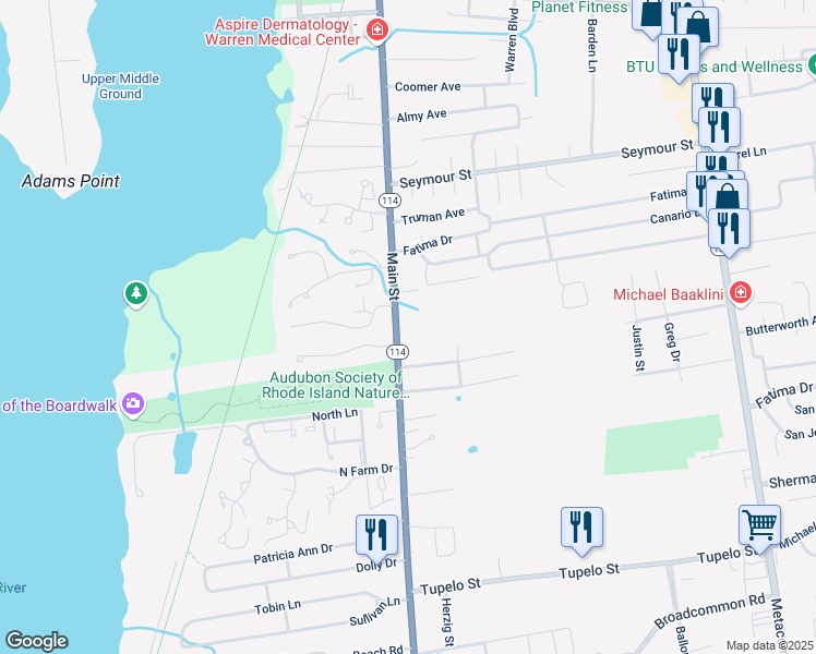 map of restaurants, bars, coffee shops, grocery stores, and more near 1082 Main Street in Warren