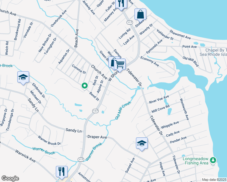 map of restaurants, bars, coffee shops, grocery stores, and more near 43 Larochelle Avenue in Warwick