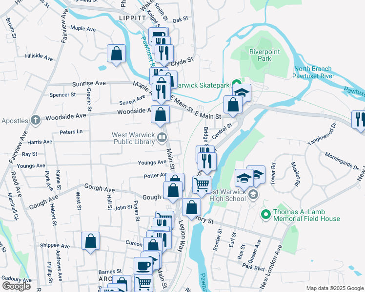 map of restaurants, bars, coffee shops, grocery stores, and more near 16 Walker Street in West Warwick
