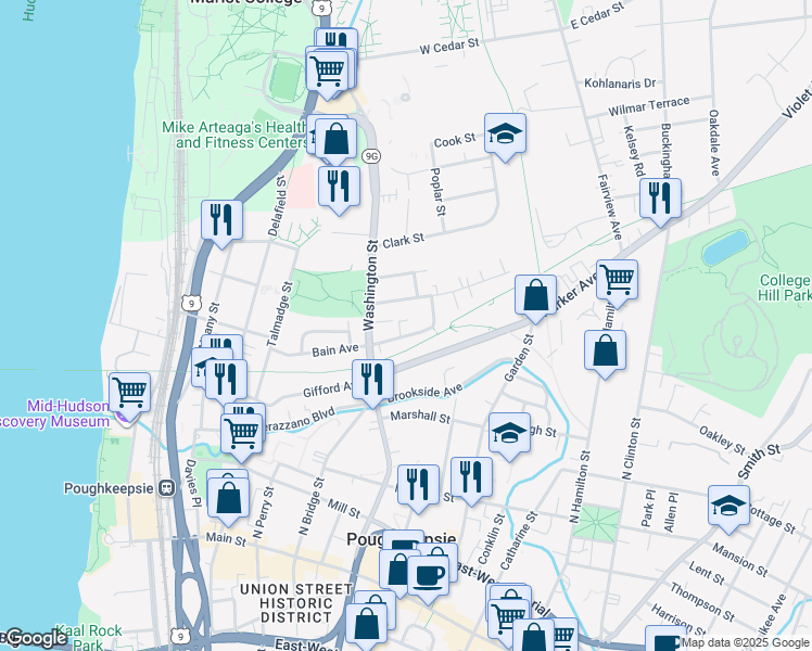 map of restaurants, bars, coffee shops, grocery stores, and more near 25 Orchard Place in Poughkeepsie