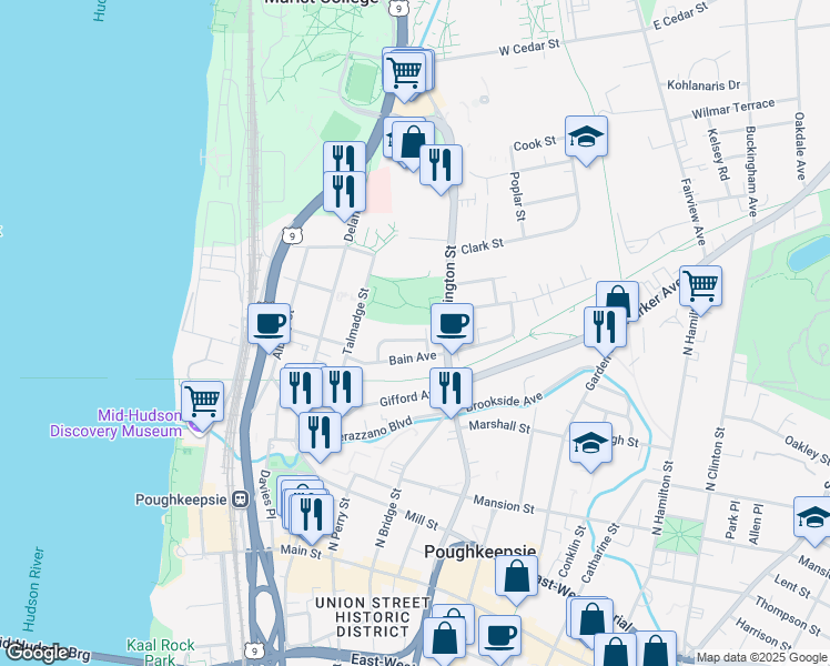 map of restaurants, bars, coffee shops, grocery stores, and more near 5 Vernon Terrace in Poughkeepsie