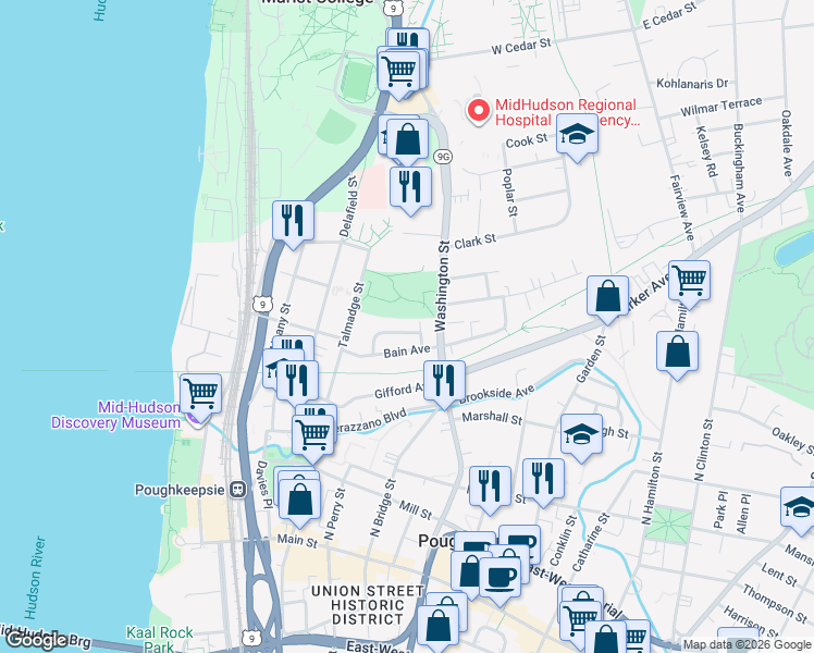map of restaurants, bars, coffee shops, grocery stores, and more near 5 Vernon Terrace in Poughkeepsie