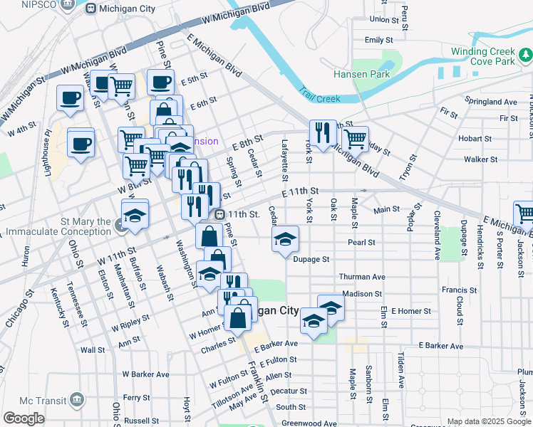 map of restaurants, bars, coffee shops, grocery stores, and more near 1109 Cedar Street in Michigan City