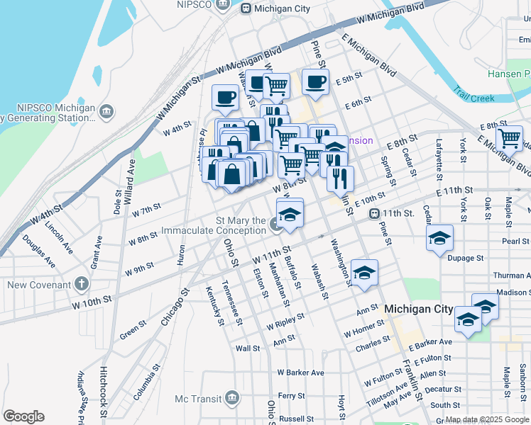 map of restaurants, bars, coffee shops, grocery stores, and more near 824 Buffalo Street in Michigan City