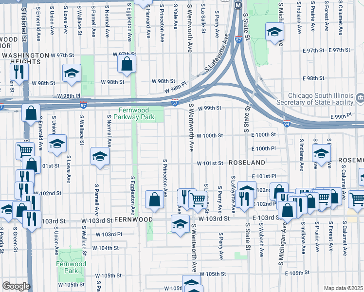 map of restaurants, bars, coffee shops, grocery stores, and more near 10016 South Yale Avenue in Chicago
