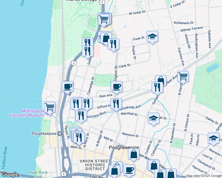 map of restaurants, bars, coffee shops, grocery stores, and more near 5 Vernon Terrace in Poughkeepsie